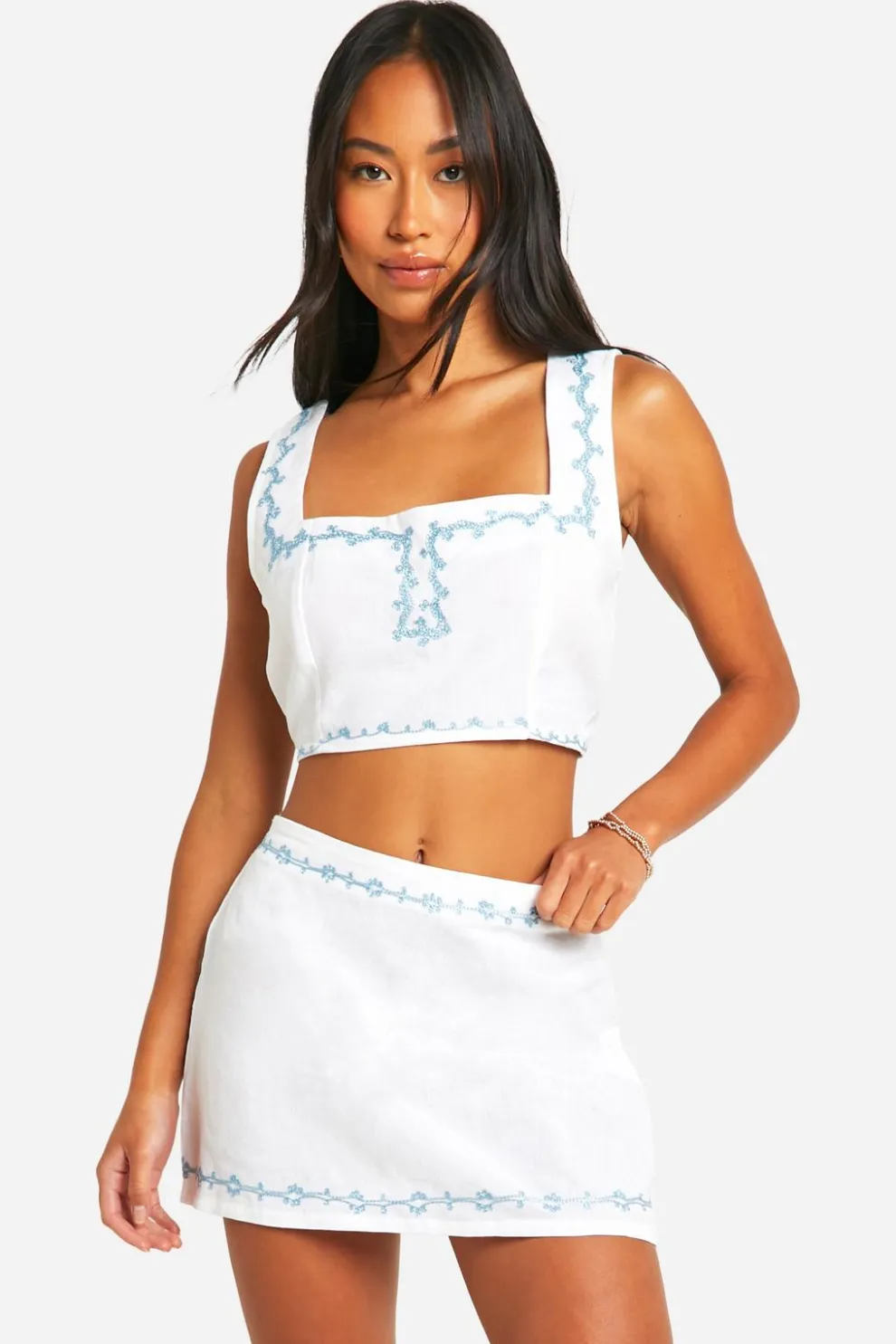 Embroidered Linen Look Crop Top & Mini Skirt Set | Nasty Gal