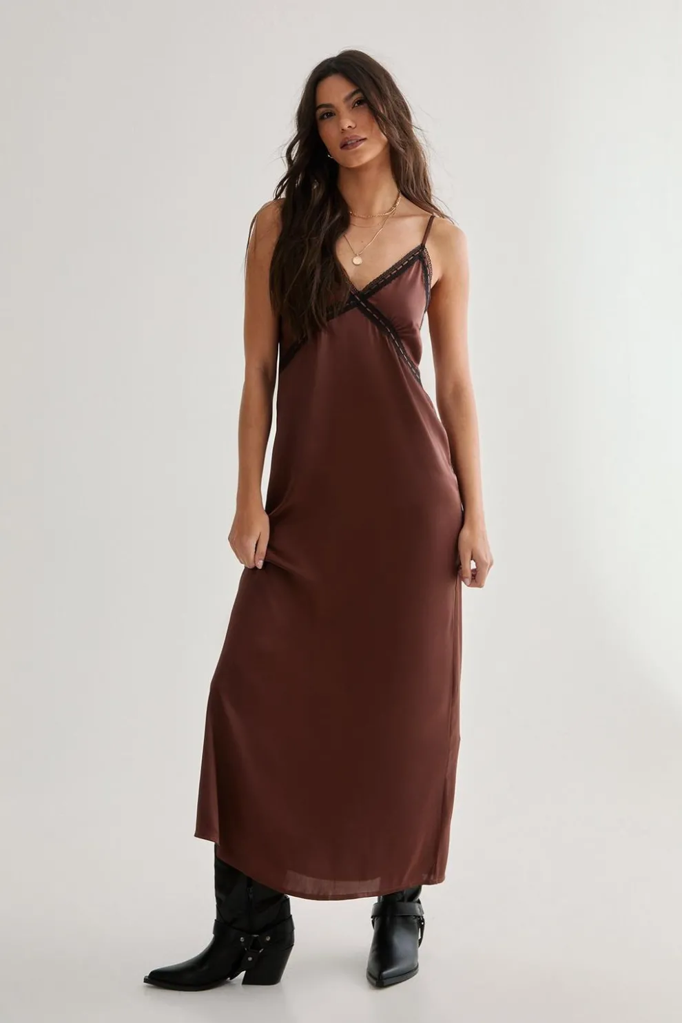 Satin Ribbon Lace Trim Maxi Slip Dress | Nasty Gal