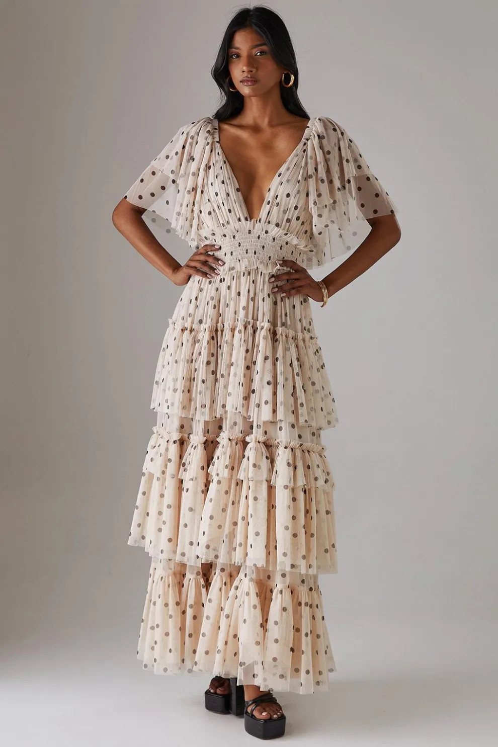 Tulle Spot Plunge Neck Flutter Sleeve Tier Maxi Dress | Nasty Gal