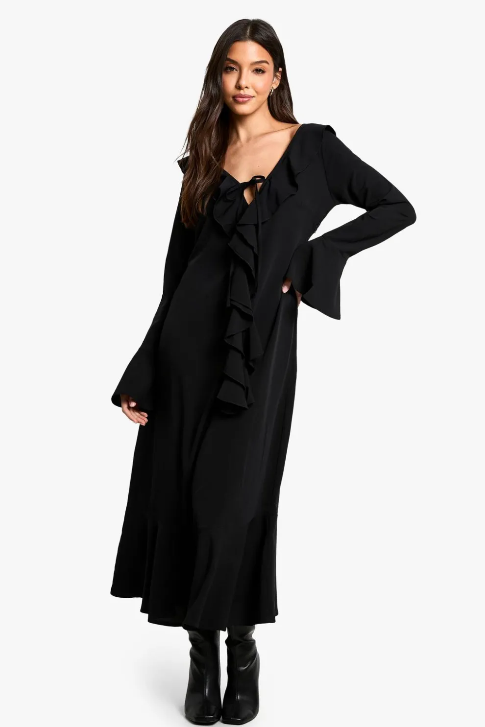 Textured Ruffle Long Sleeve Midaxi Dress | Nasty Gal
