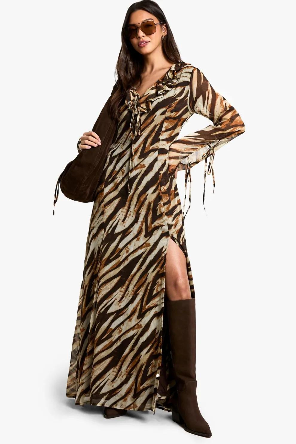 Zebra Ruffle Tie Sleeve Belted Chiffon Maxi Dress | Nasty Gal