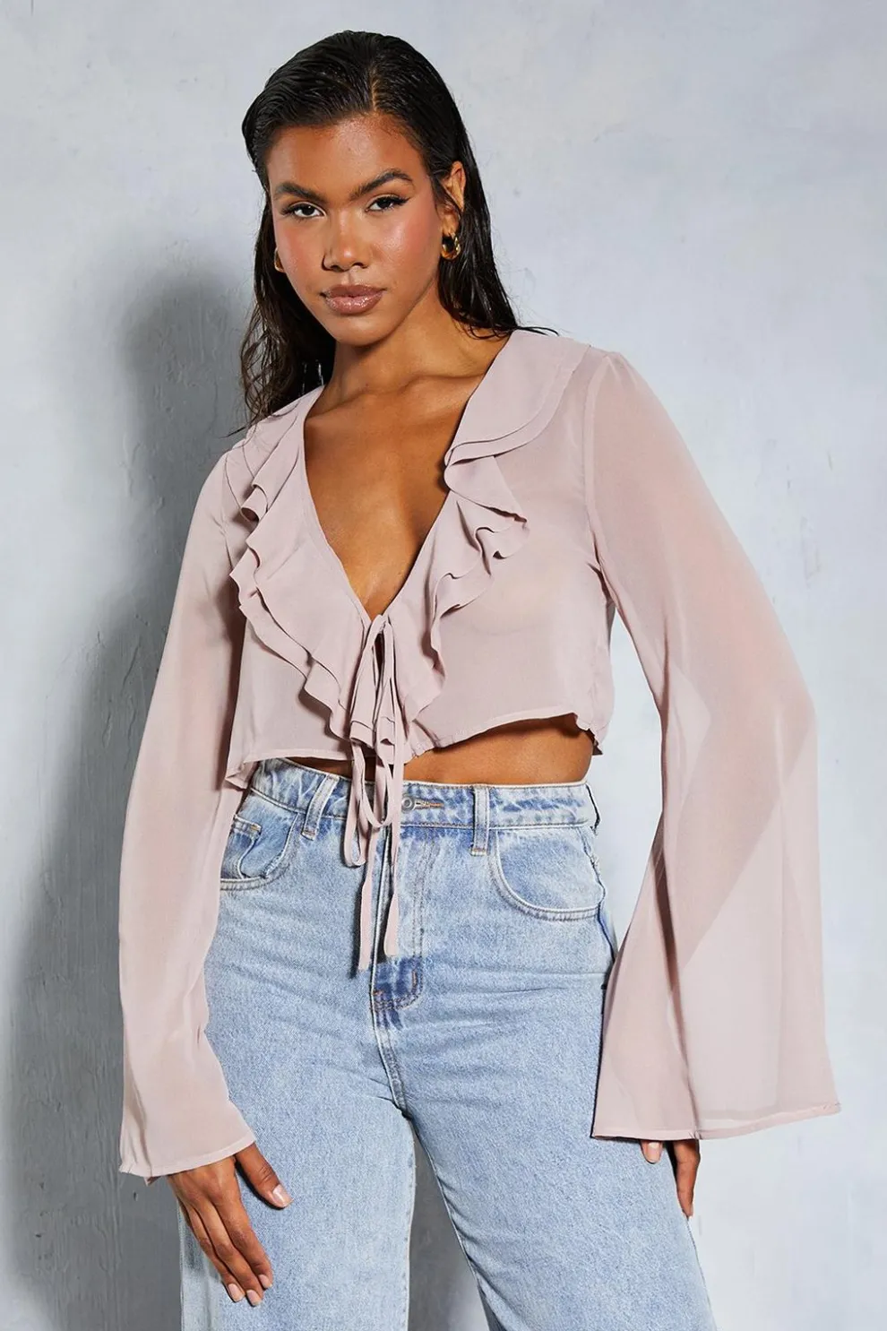 Chiffon Frill Layered Flute Sleeve Cropped Blouse | Nasty Gal