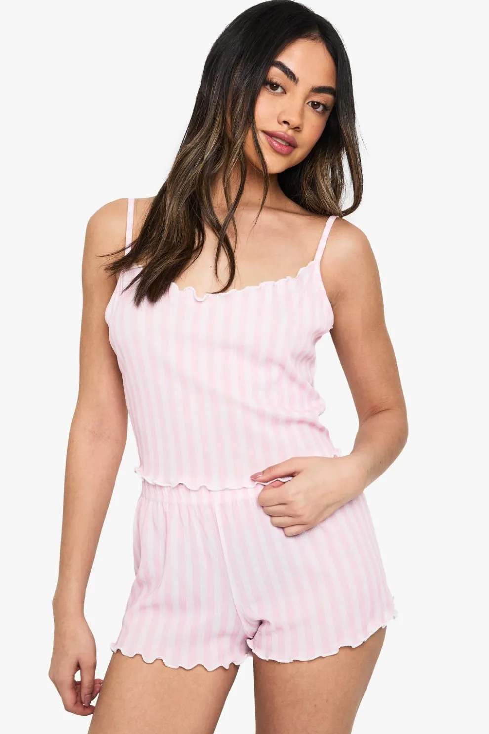 Stripe Rib Lettuce Hem Cami Top & Shorts Pyjama Set | Nasty Gal