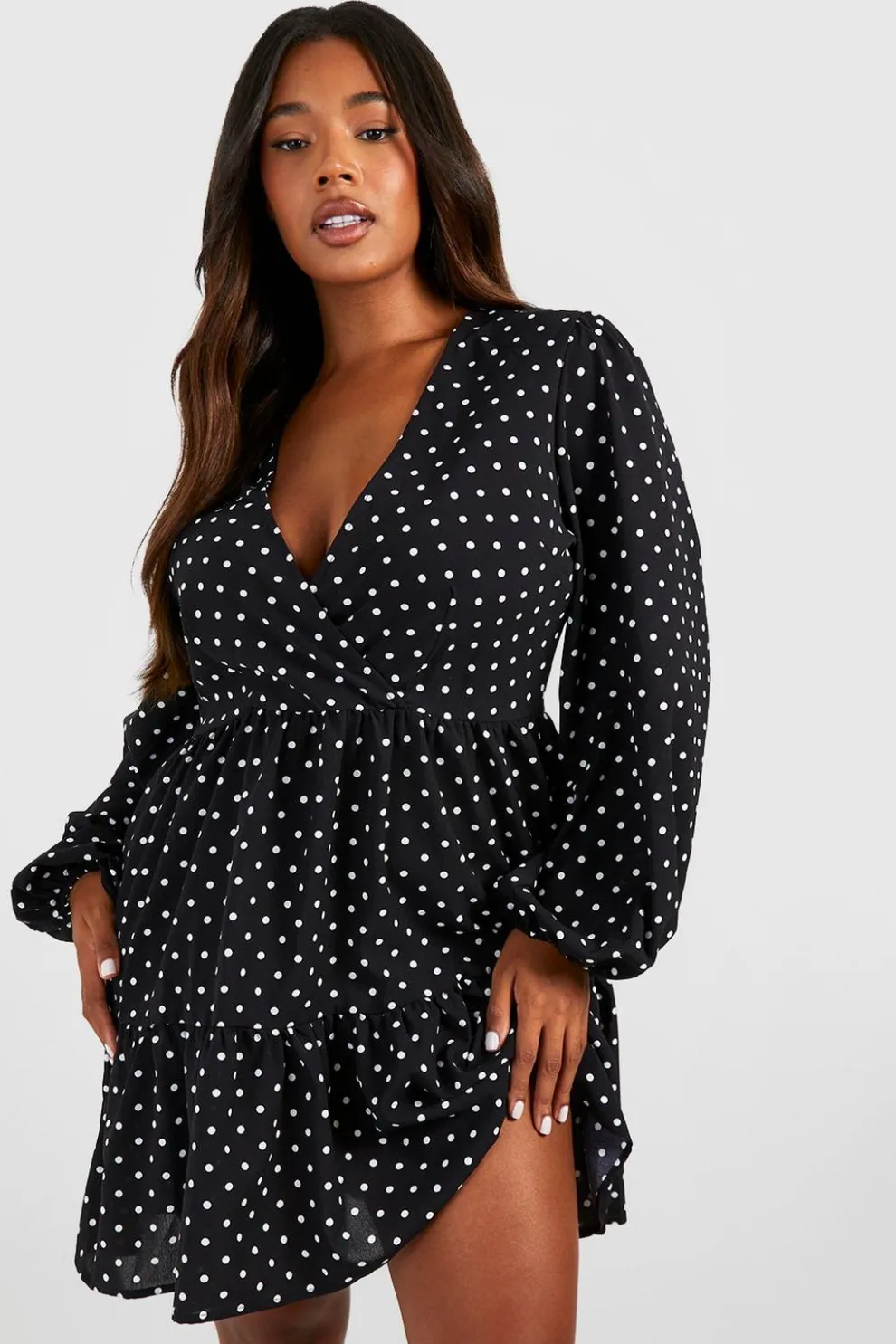 Plus Polka Dot Wrap Balloon Smock Dress | Nasty Gal