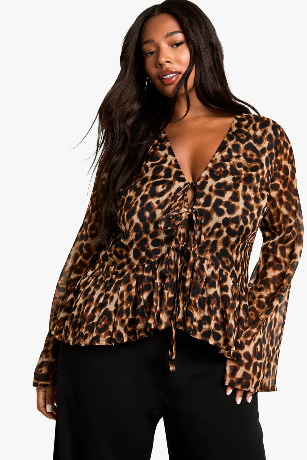 plus leopard tie front ruffle blouse | Nasty Gal