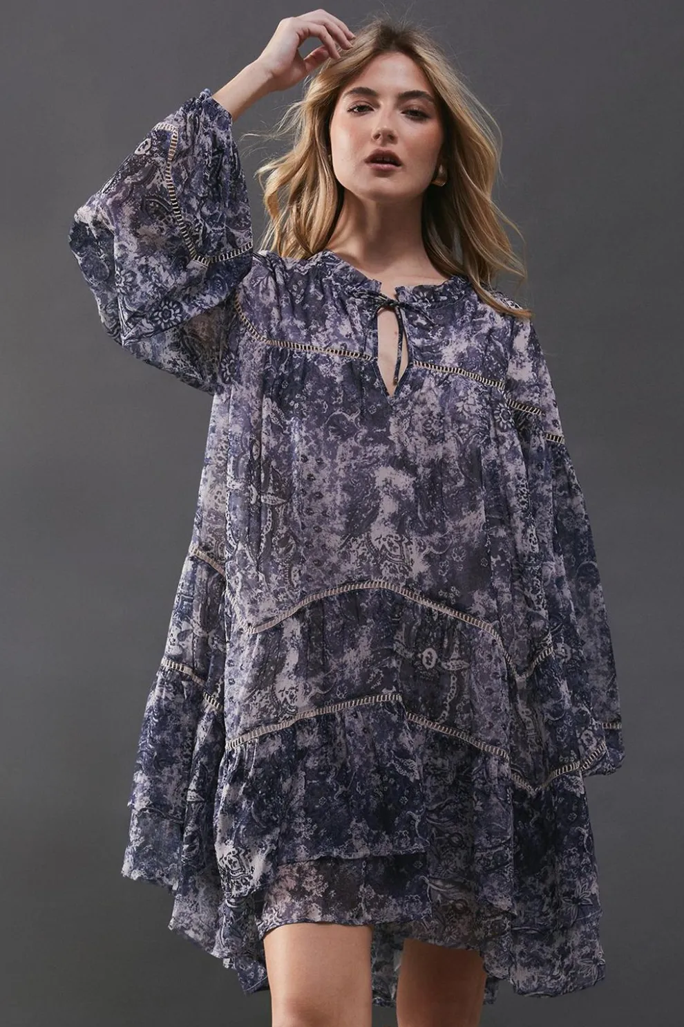 Chiffon Faded Paisley Ladder Insert Ruffle Smock Mini Dress | Nasty Gal
