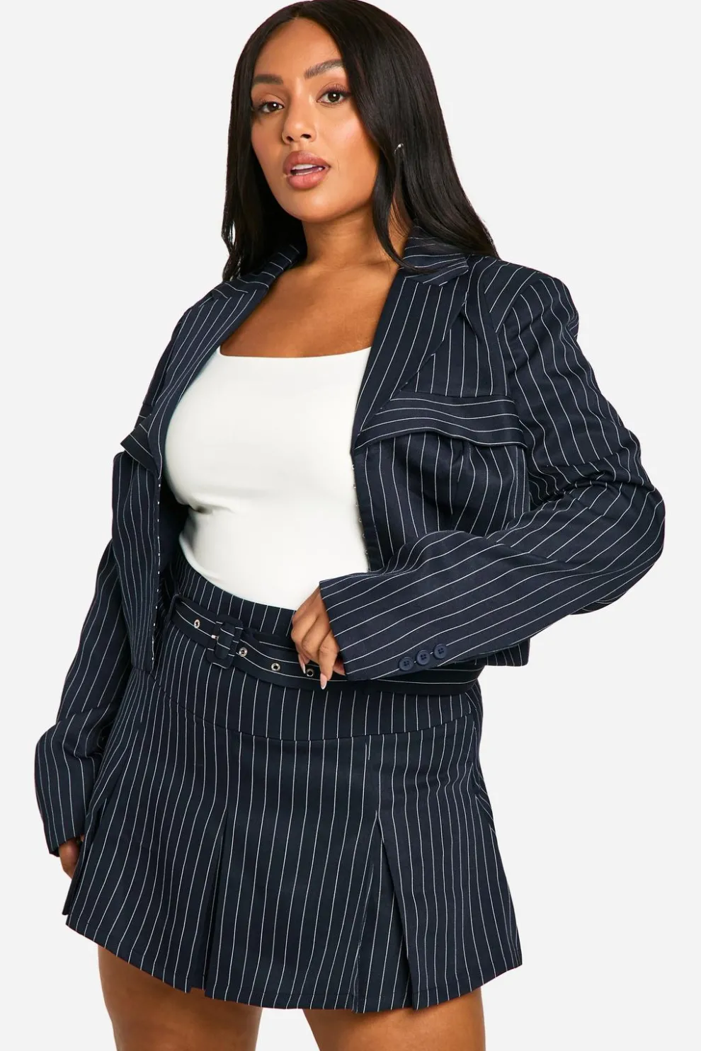 Plus Pinstripe Belted Tailored Mini Skirt | Nasty Gal