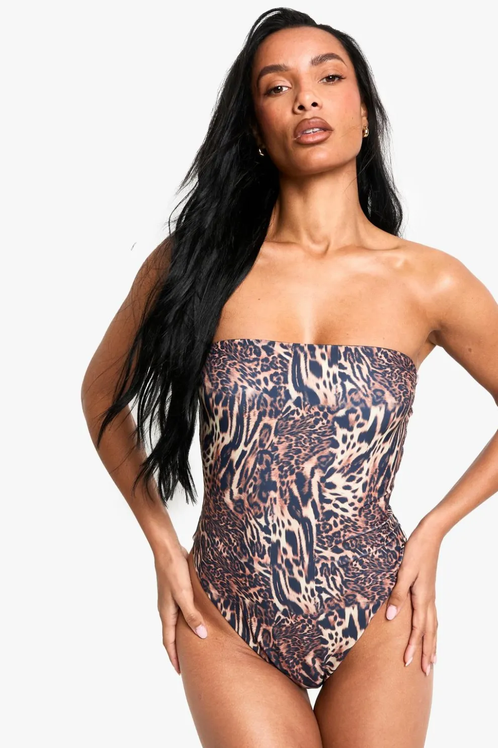Petite Swimwear Essentials Leopard Bandeau Swimsuit | Nasty Gal