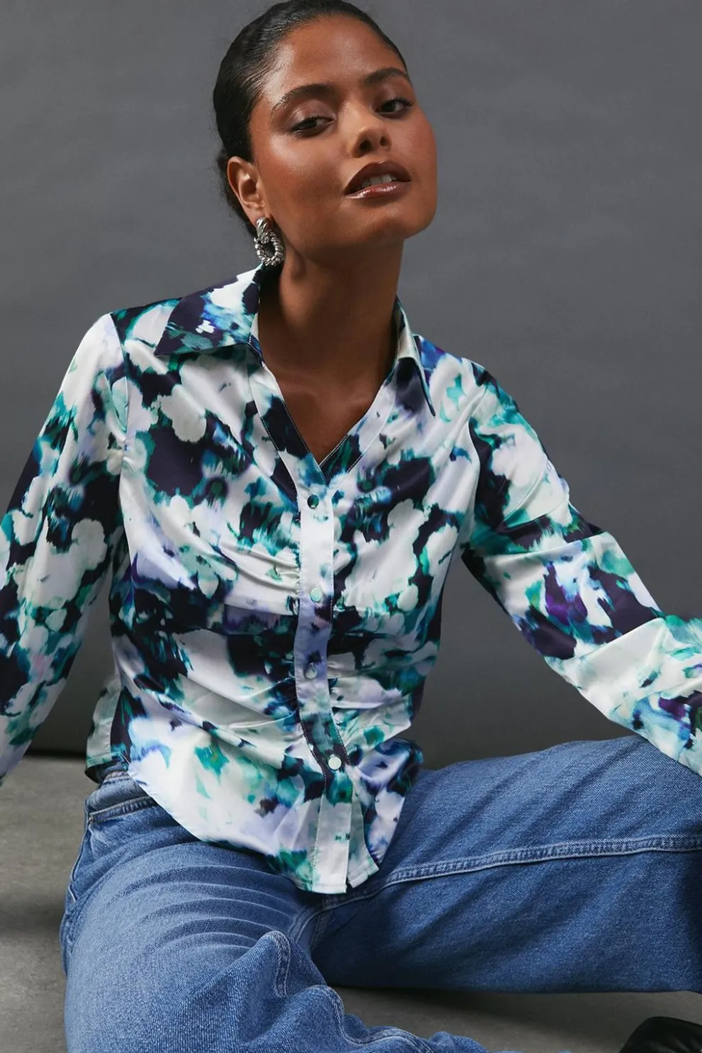 Floral Satin Ruched Front Shirt | Nasty Gal