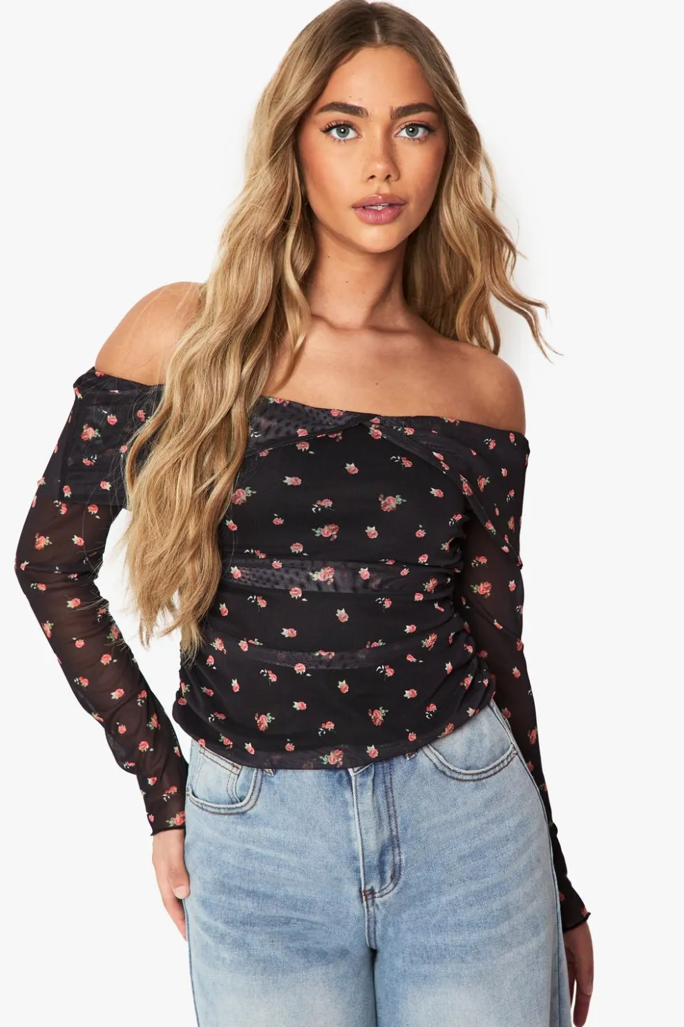 Printed Mesh Bardot Ruched Top | Nasty Gal