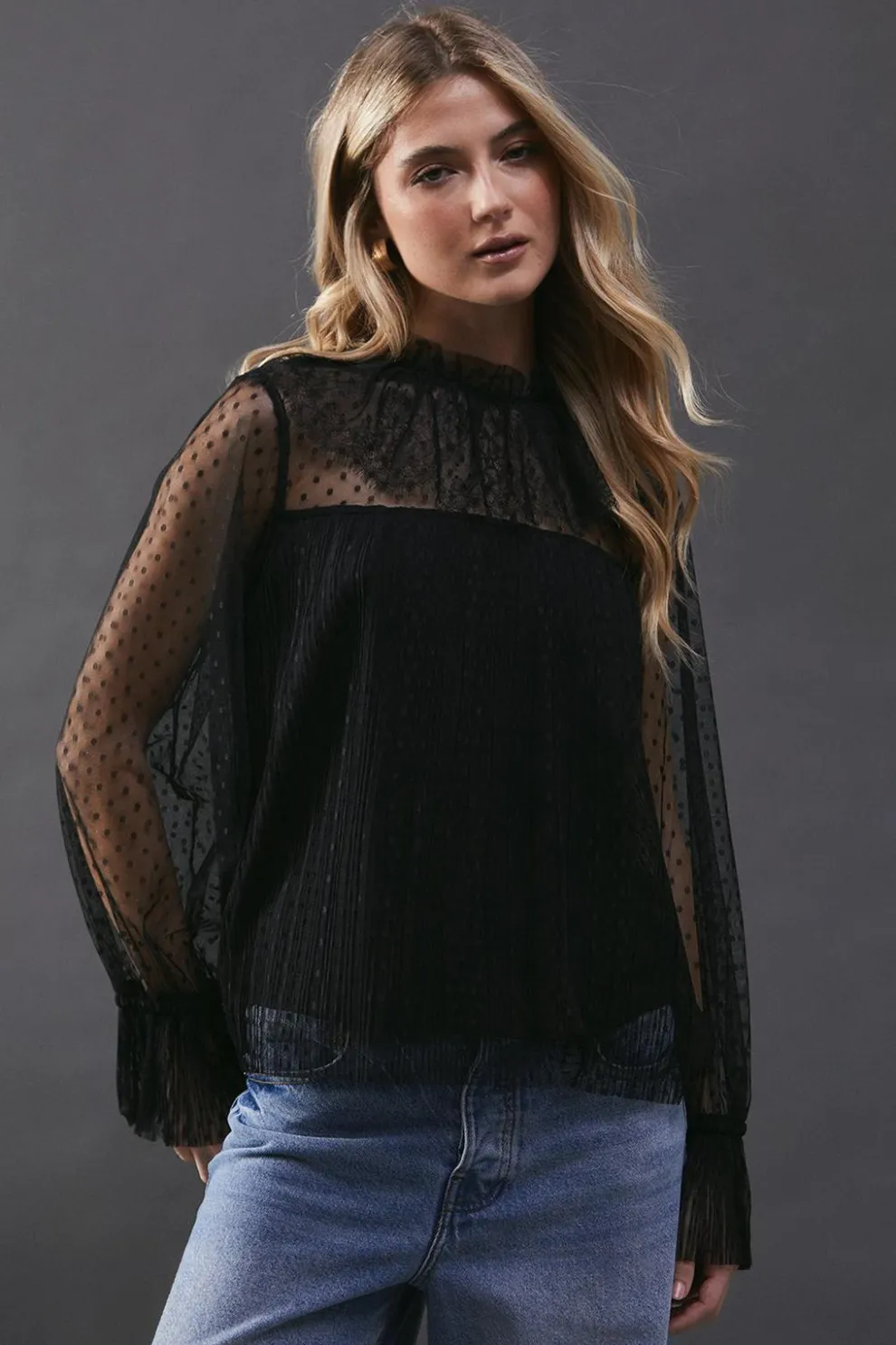 Dobby Tulle Lace Frill Neck Blouse | Nasty Gal