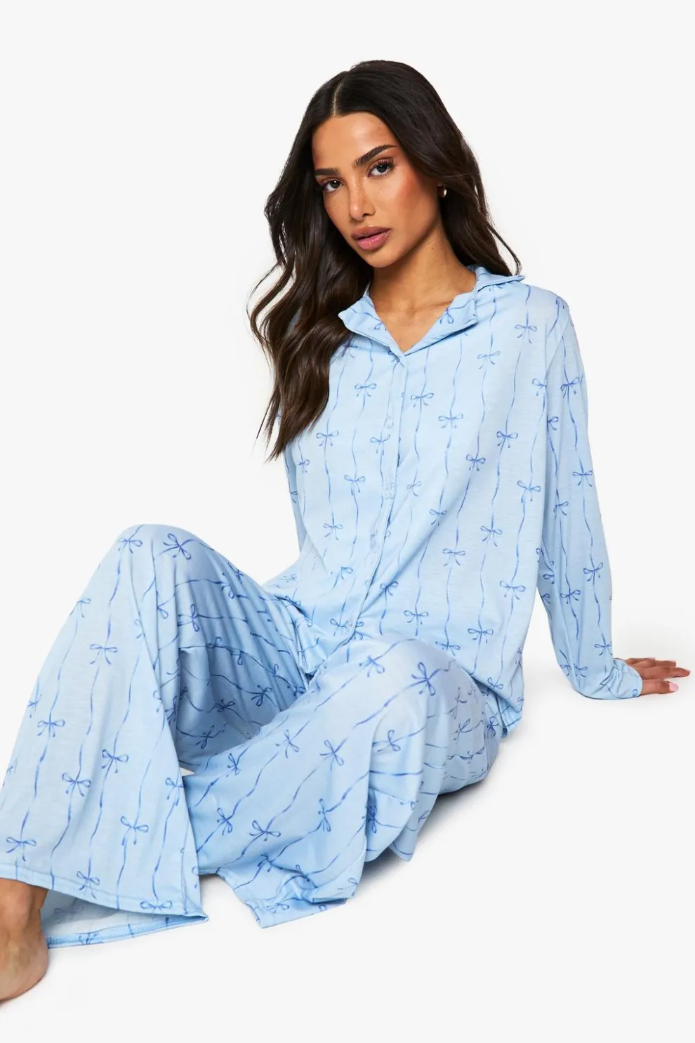 Petite Bow Print Long Sleeve Shirt & Trousers Pyjama Set | Nasty Gal