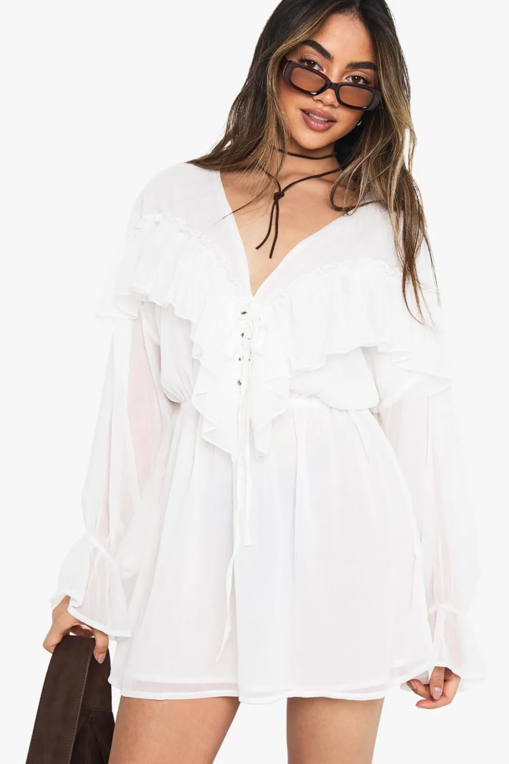 Crinkle Chiffon Ruffle Long Sleeve Mini Dress | Nasty Gal