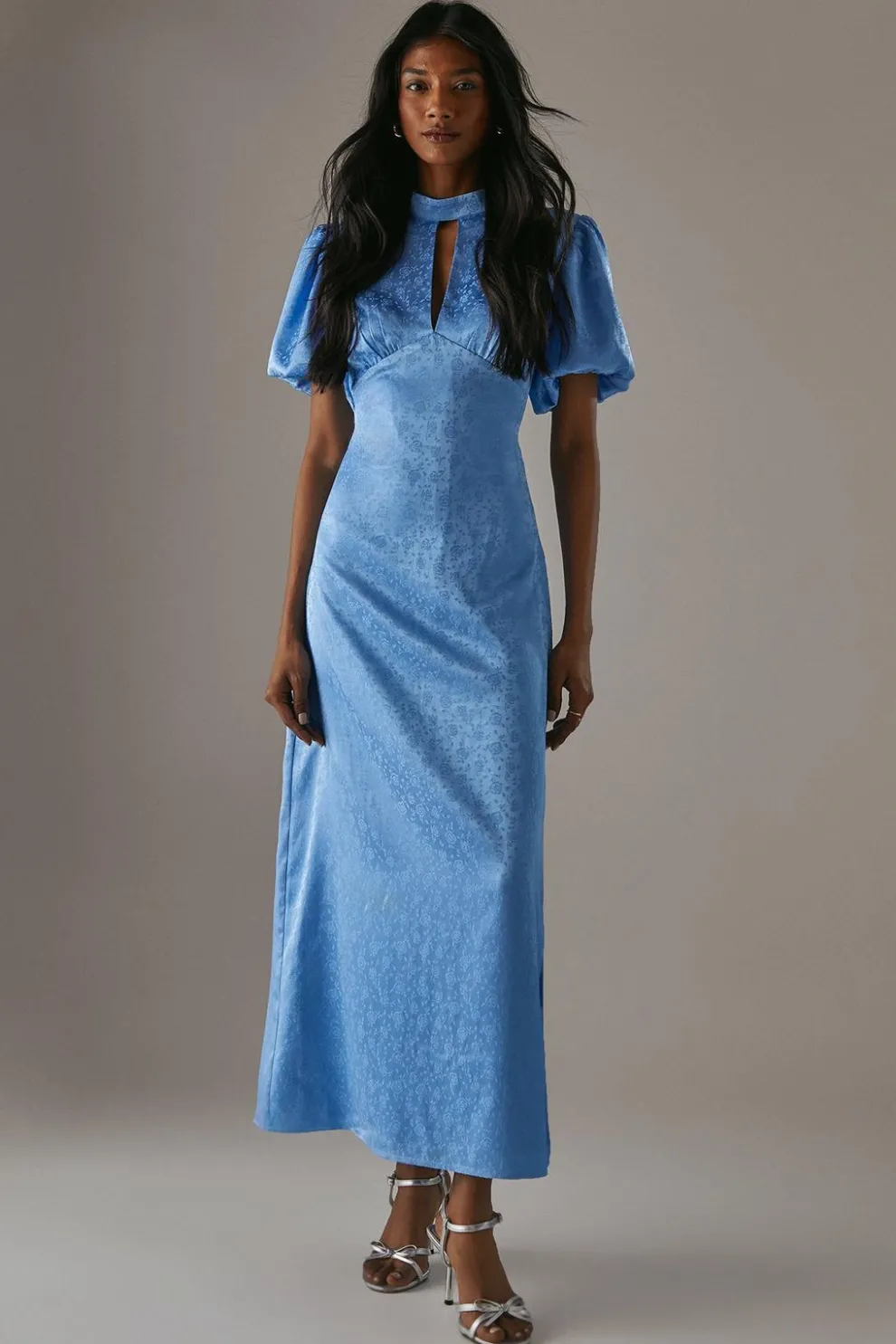 Rose Satin Jacquard Puff Sleeve Tie Back Midi Dress | Nasty Gal