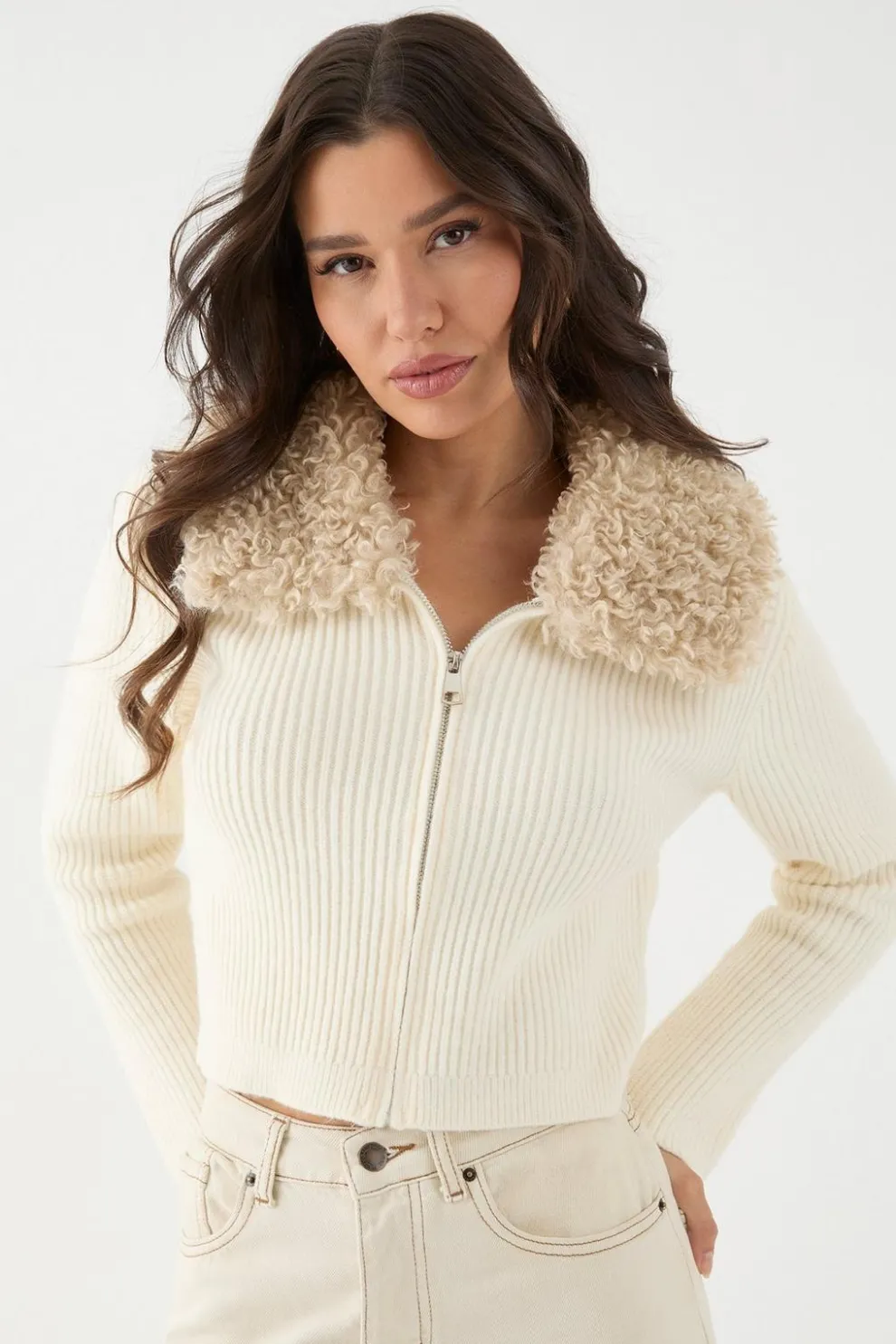 Teddy Fur Collar Long Sleeve Zip Up Jumper | Nasty Gal
