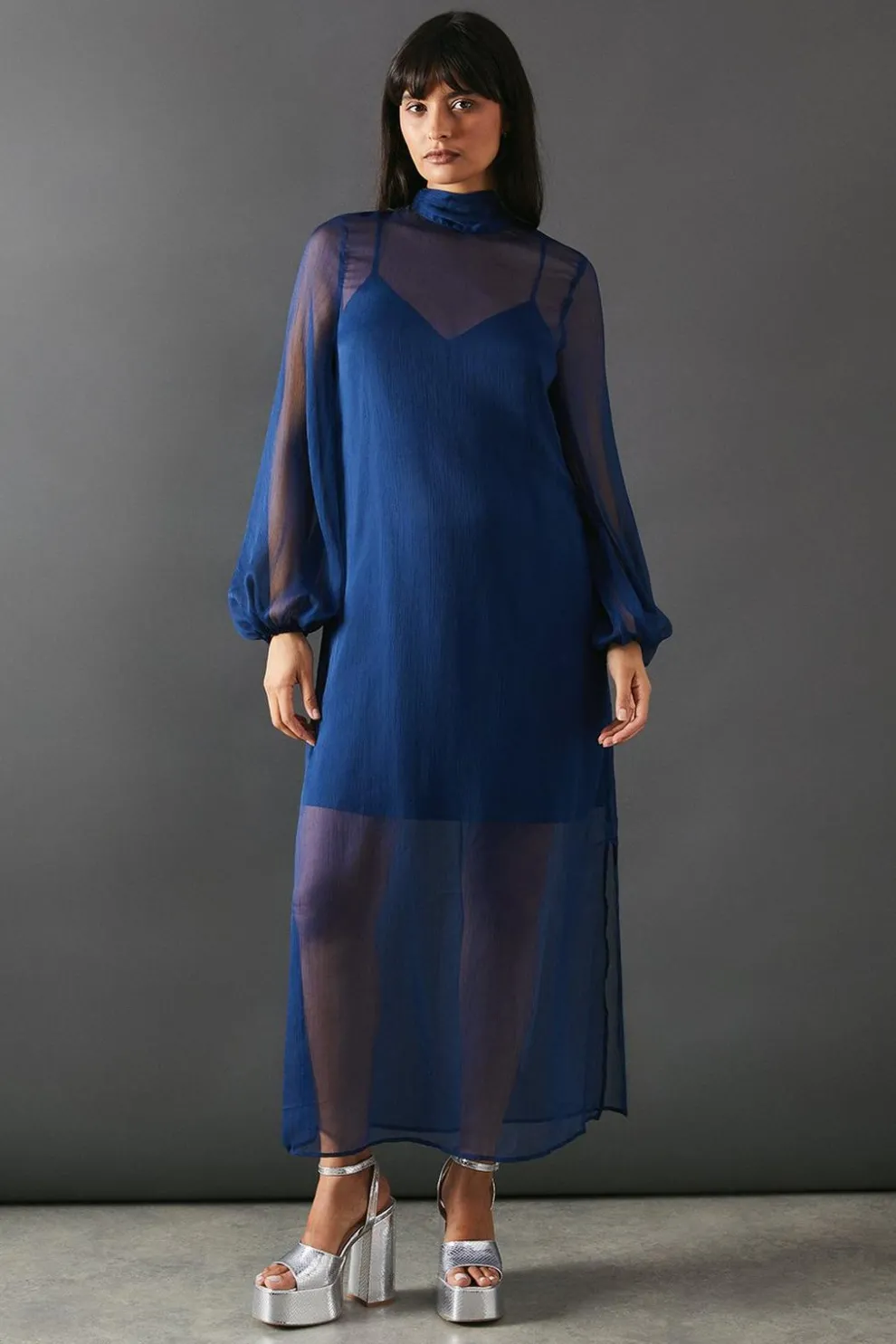 Chiffon Tie Neck Balloon Sleeve Column Midi Dress | Nasty Gal