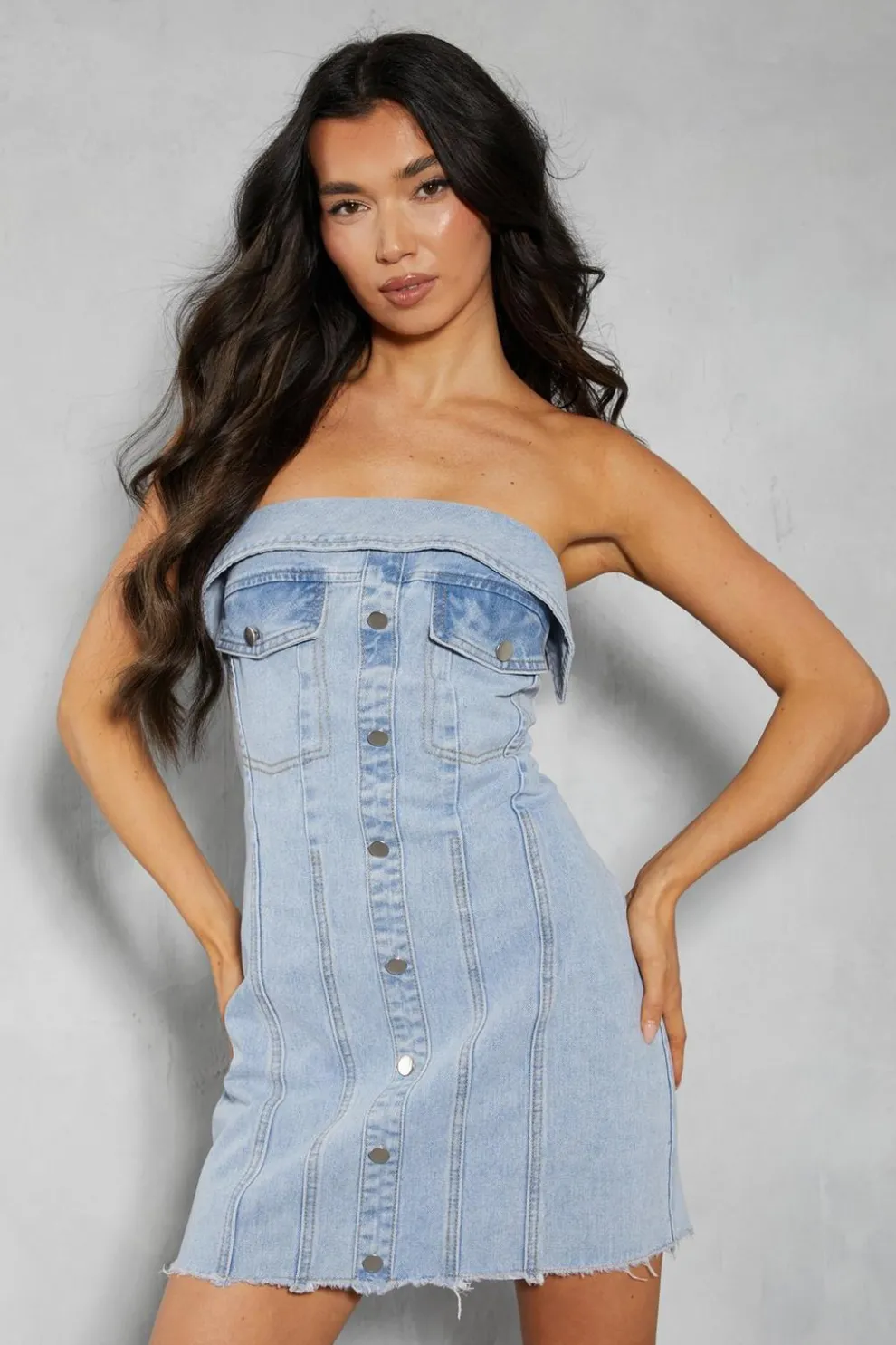 Denim Button Front Raw Hem Mini Dress | Nasty Gal