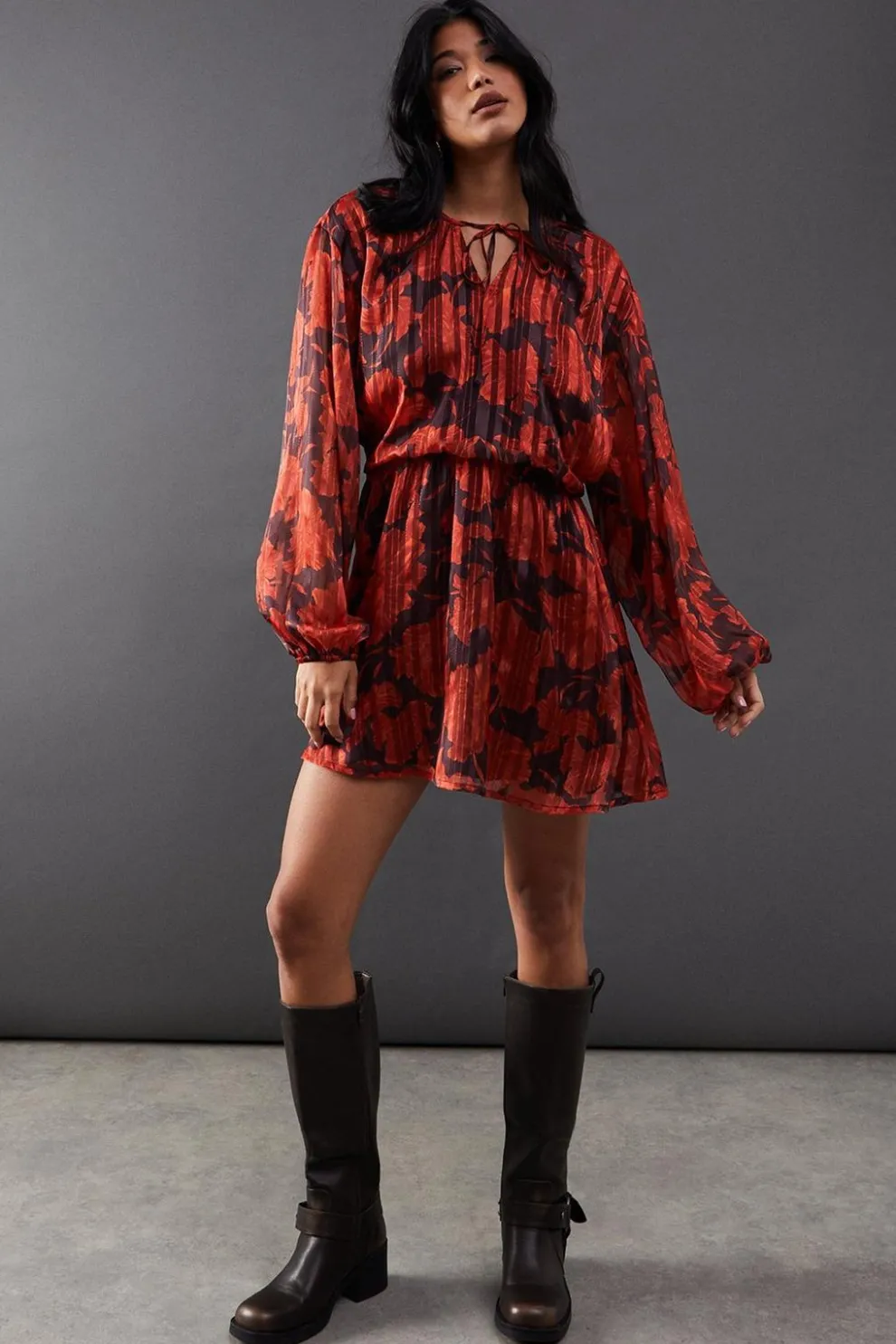 Print Shadow Stripe Volume Sleeve Mini Dress | Nasty Gal