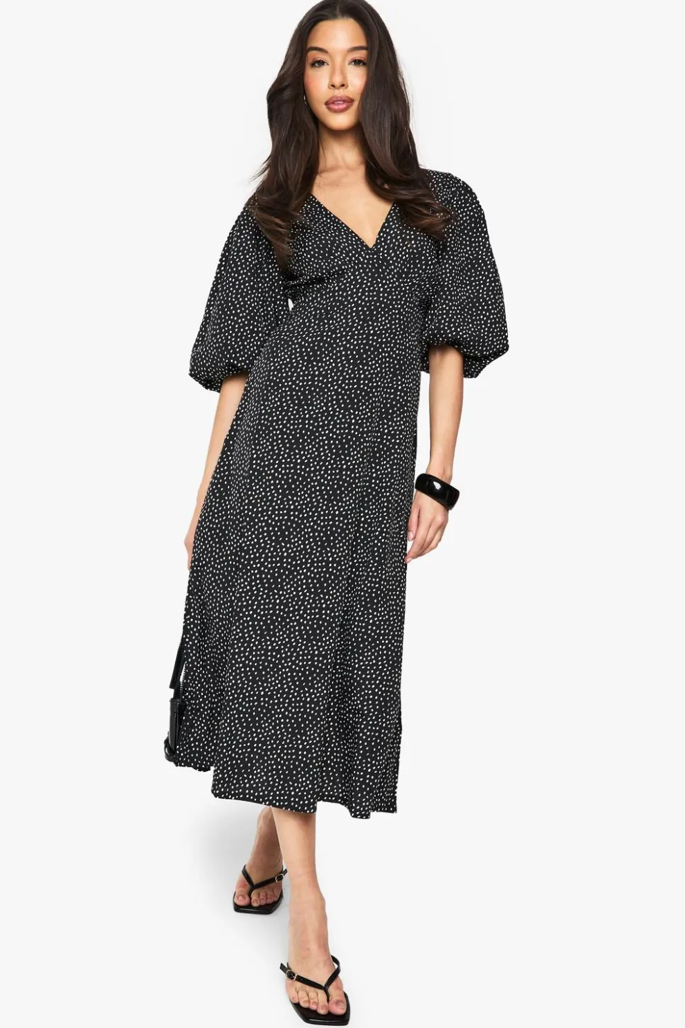 Polka Dot Puff Sleeve Tie Back Midi Dress | Nasty Gal