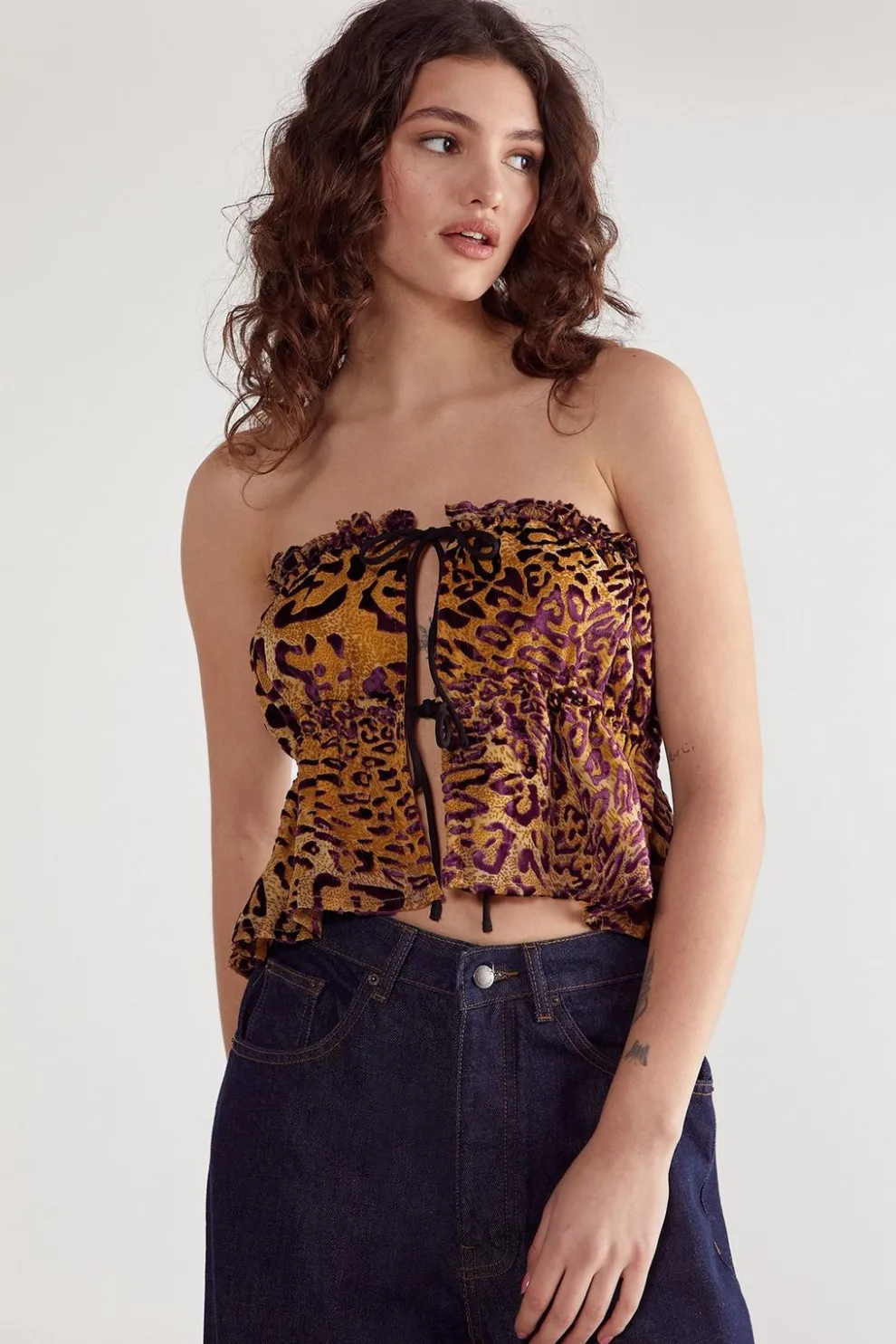 Leopard Devore Contrast Tie Bandeau Ruched Top | Nasty Gal