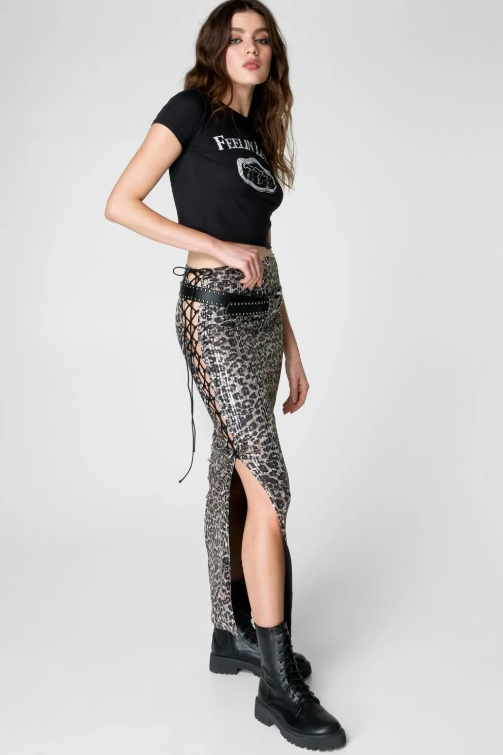 Leopard Sequin Lace Cut Out Maxi Skirt | Nasty Gal