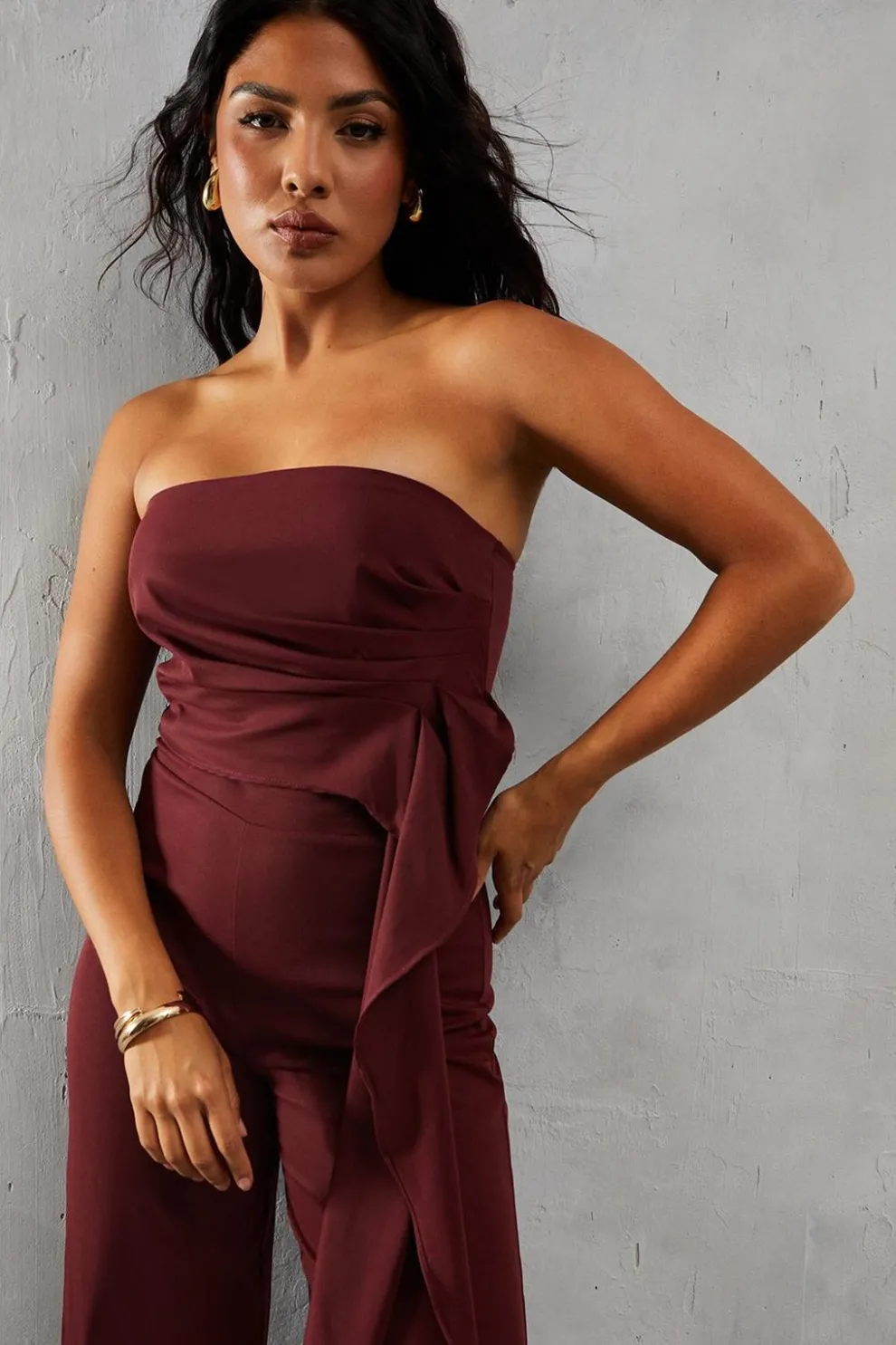 Bandeau Ruched Draped Side Wide Leg Jumpsuit | Nasty Gal