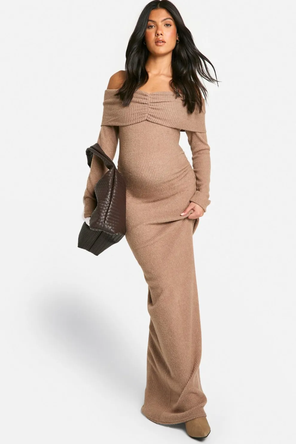 Maternity Soft Rib Off Shoulder Column Maxi Dress | Nasty Gal