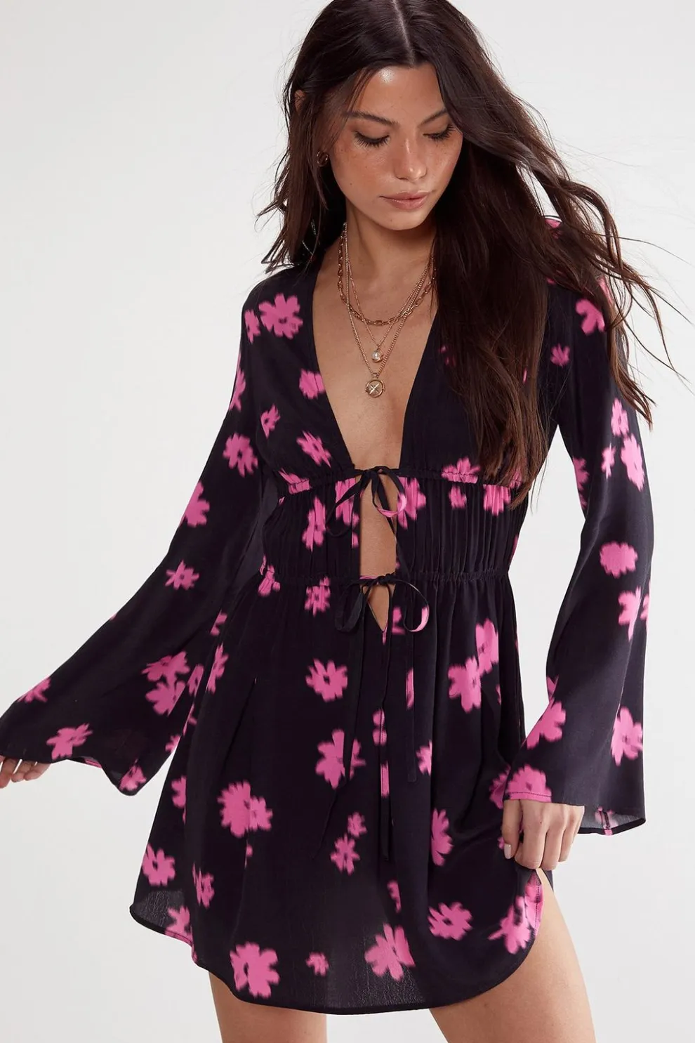 Ditsy Floral Ruched Tie Fluted Sleeve Mini Dress | Nasty Gal