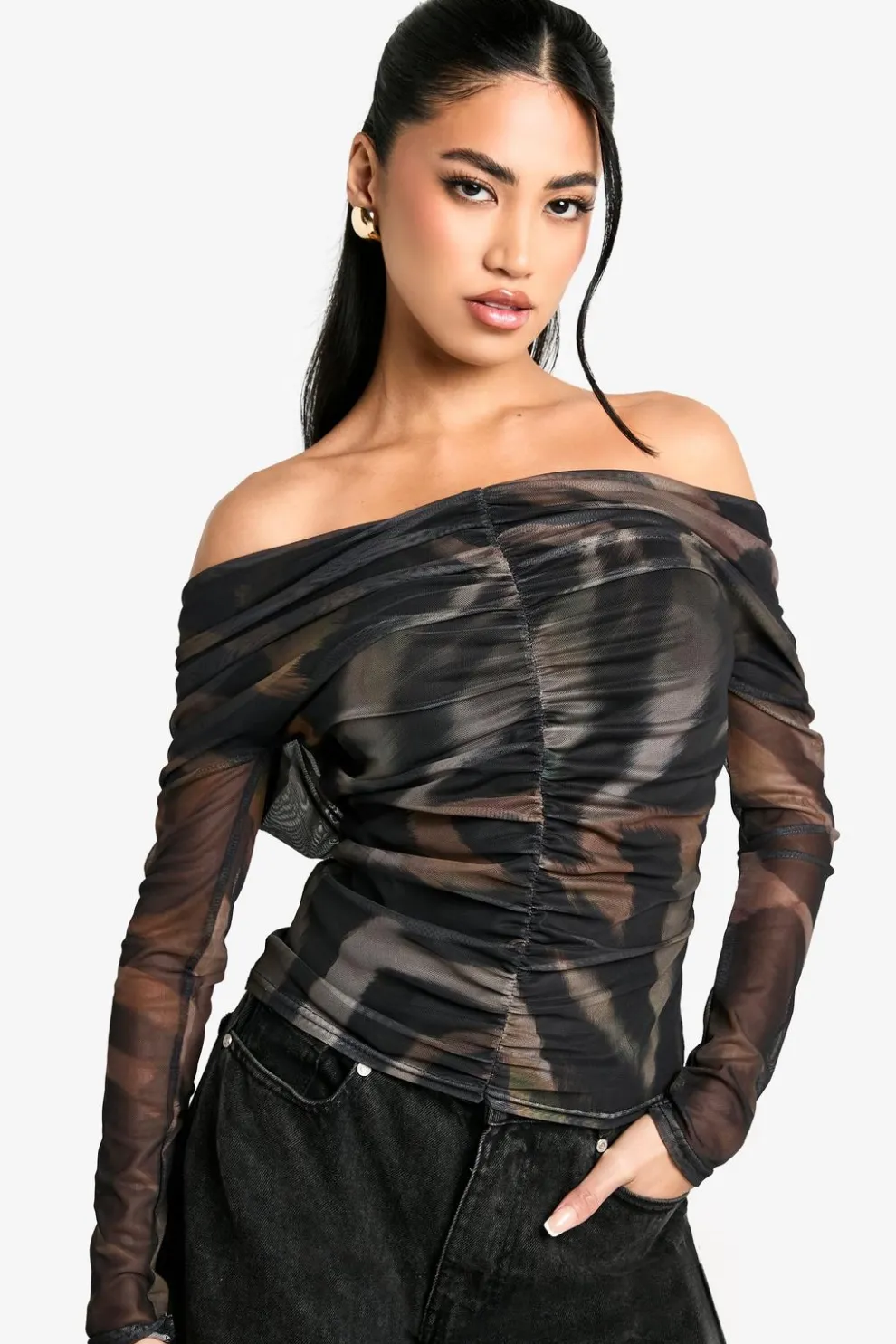 Animal Ruched Front Bardot Long Sleeve Top | Nasty Gal