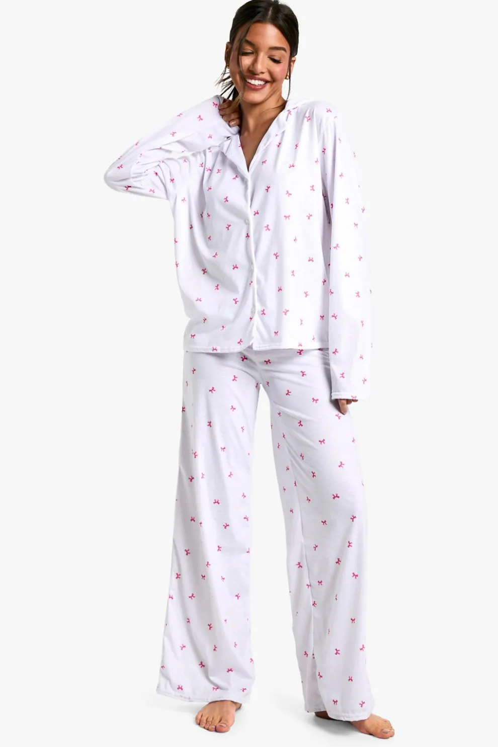 Bow Print Long Sleeve Shirt & Trousers Pyjama Set | Nasty Gal