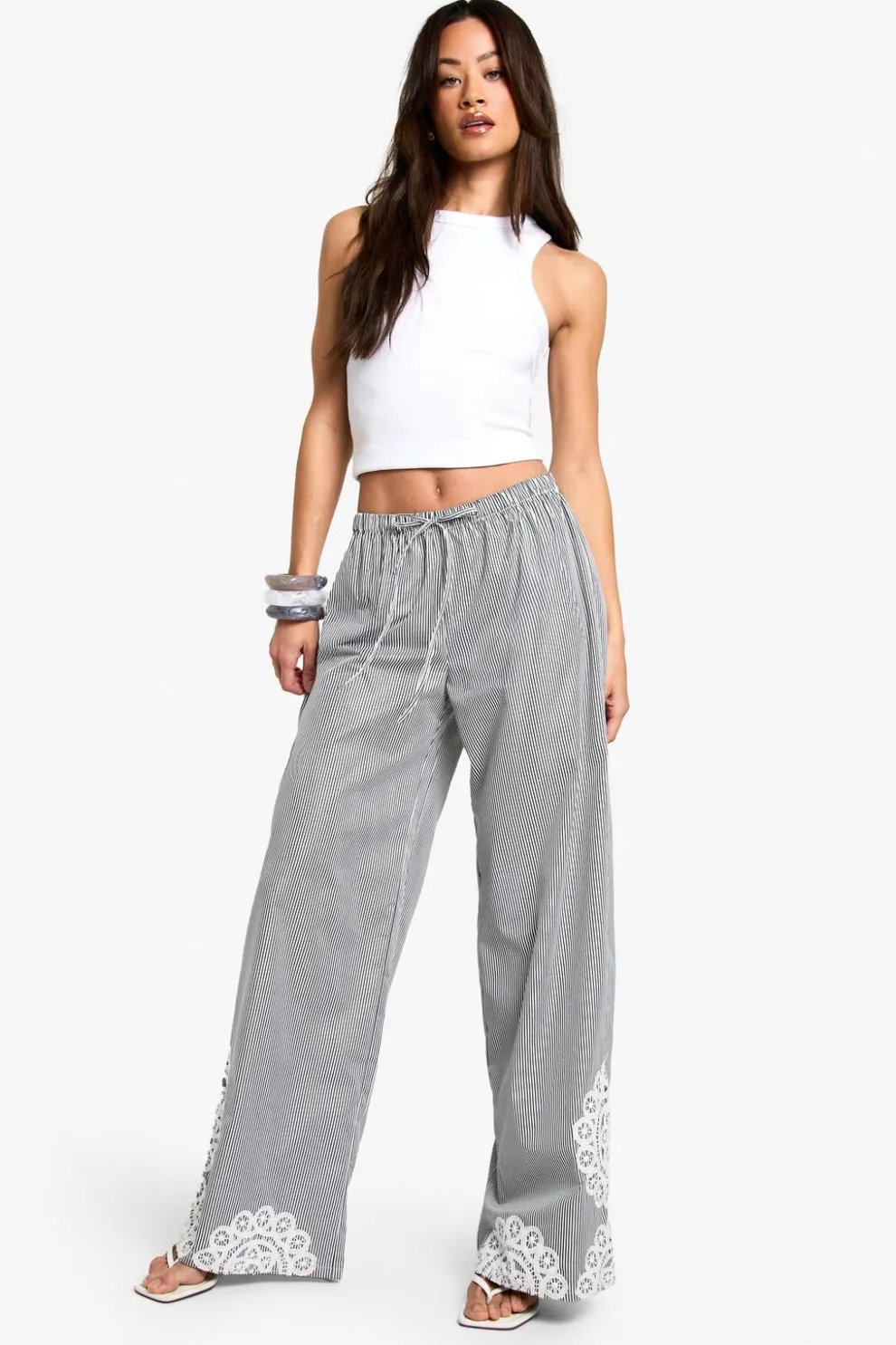 Tall Pinstripe Floral Embroidery Hem Trouser | Nasty Gal