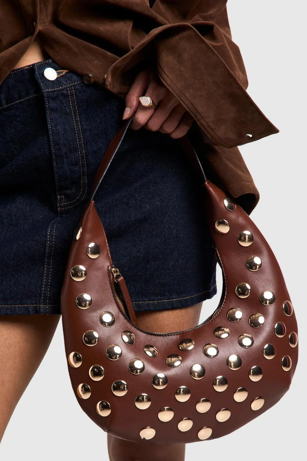 Half Moon Studded Leather Look Shoulder Bag | Nasty Gal
