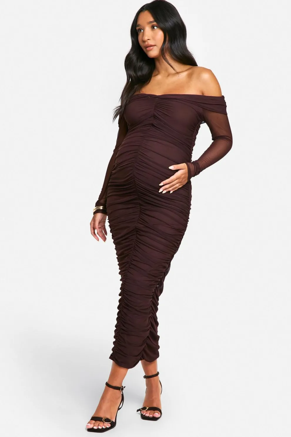 Emily Shak Maternity Slinky Off The Shoulder Long Sleeve Ruched Midaxi Dress | Nasty Gal