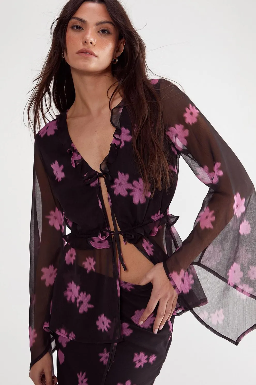 Ditsy Chiffon Ruffle Tie Front Fluted Sleeve Top | Nasty Gal