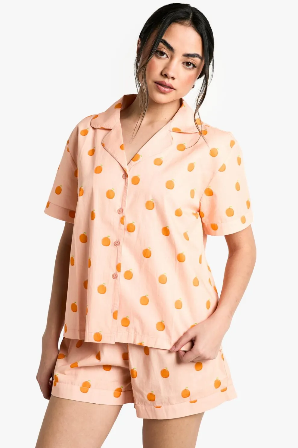 Orange Print Cotton Poplin Short Sleeve Shirt & Shorts Pyjama Set | Nasty Gal