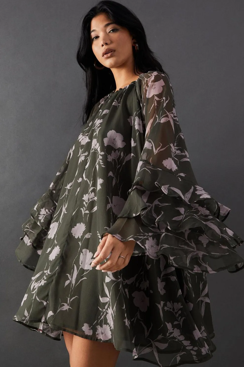 Floral Chiffon Ruffle Volume Sleeve Mini Smock Dress | Nasty Gal