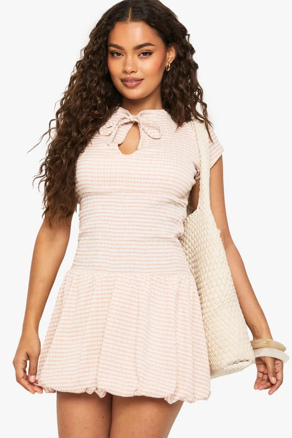 Textured Gingham Shirred Waist Keyhole Mini Dress | Nasty Gal