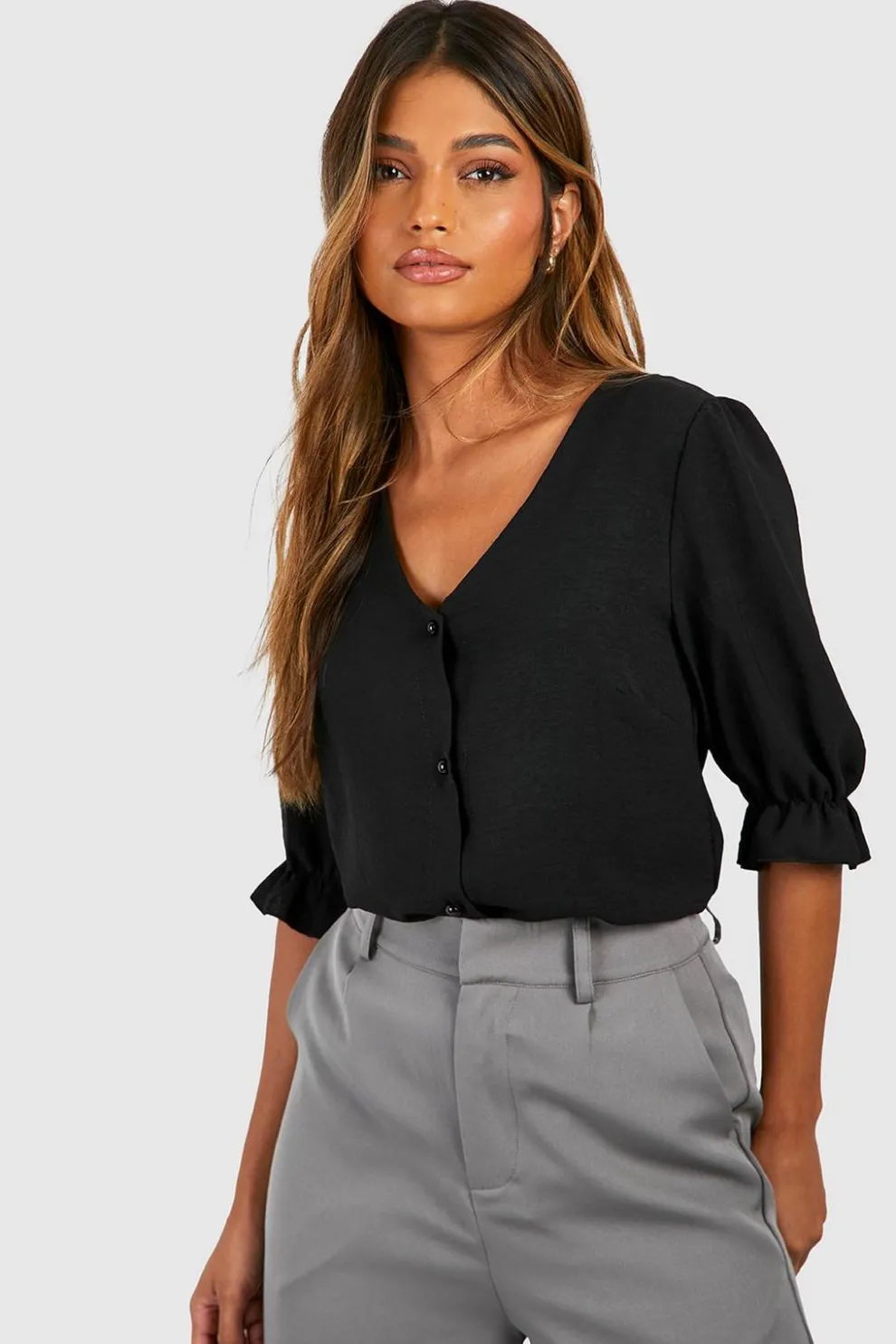 Hammered Puff Sleeve Button Front Blouse | Nasty Gal