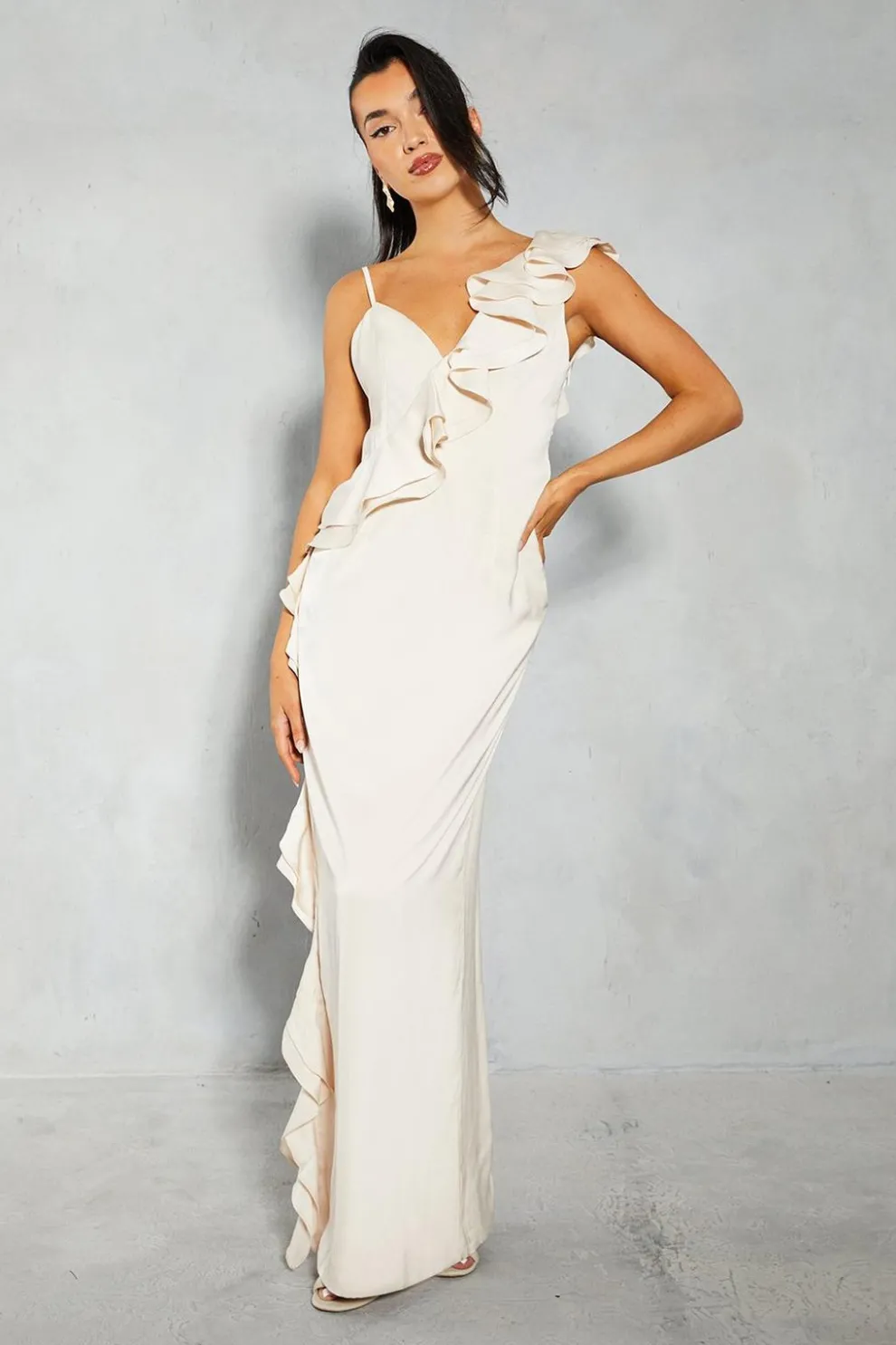 Premium Satin Frill Split Leg Maxi Slip Dress | Nasty Gal