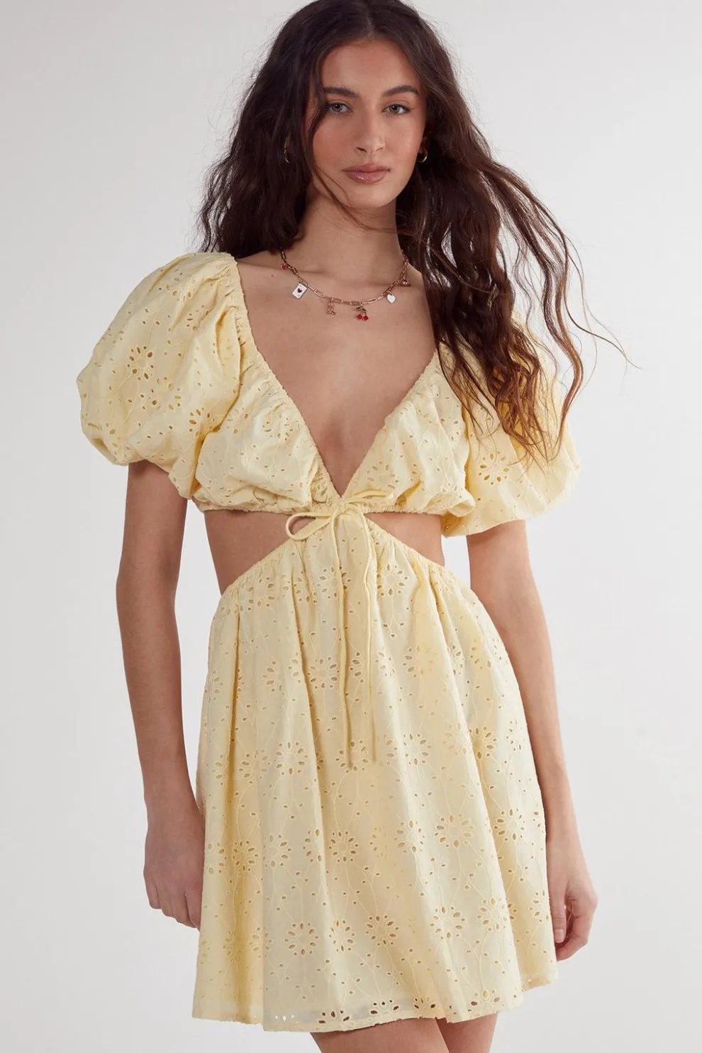 Broderie Cut Out Tie Front Puff Sleeve Skater Dress | Nasty Gal