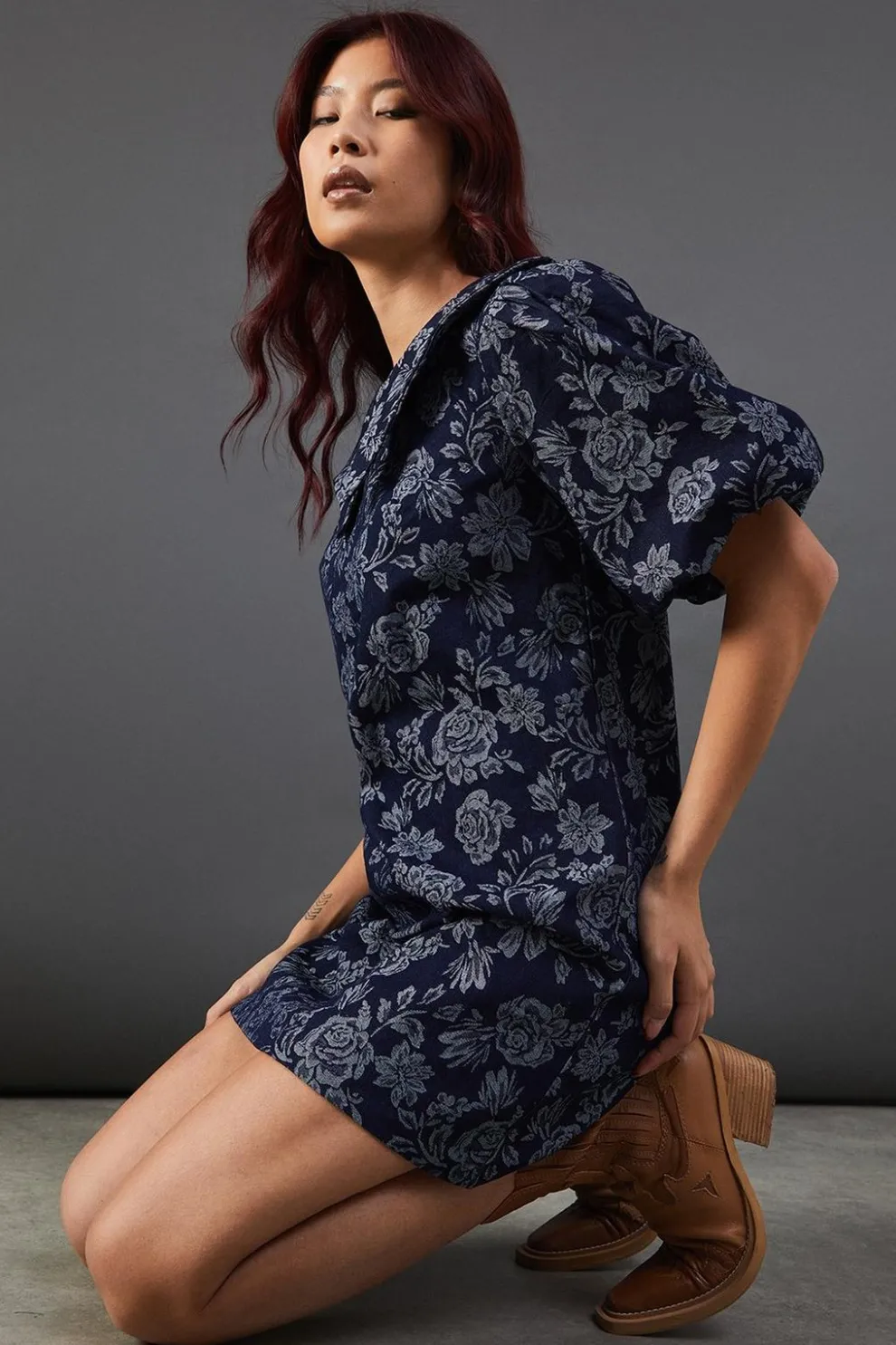 Denim Rose Jacquard Pointed Collar Mini Dress | Nasty Gal