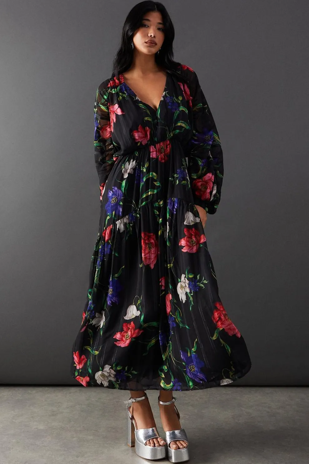 Floral Shadow Stripe Chiffon Plunge Neck Tier Midi Dress | Nasty Gal