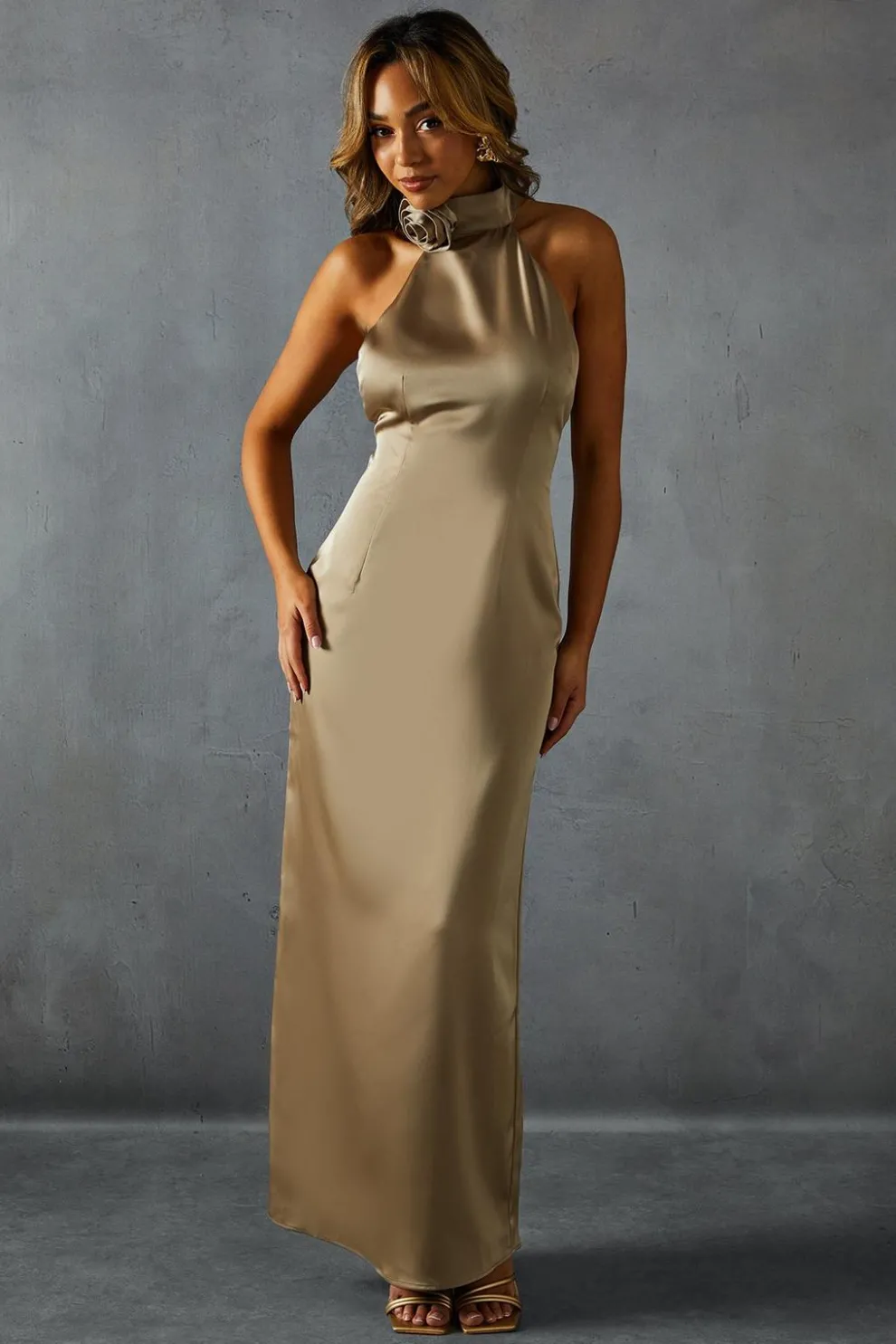 Satin Corsage Halterneck Low Back Maxi Dress | Nasty Gal