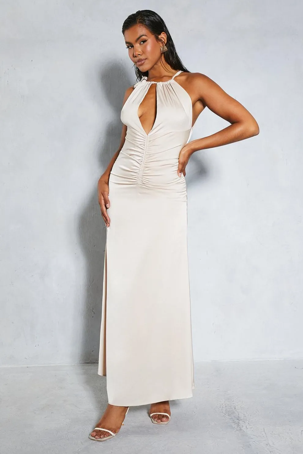 Satin Halterneck Ruched Front Maxi Dress | Nasty Gal