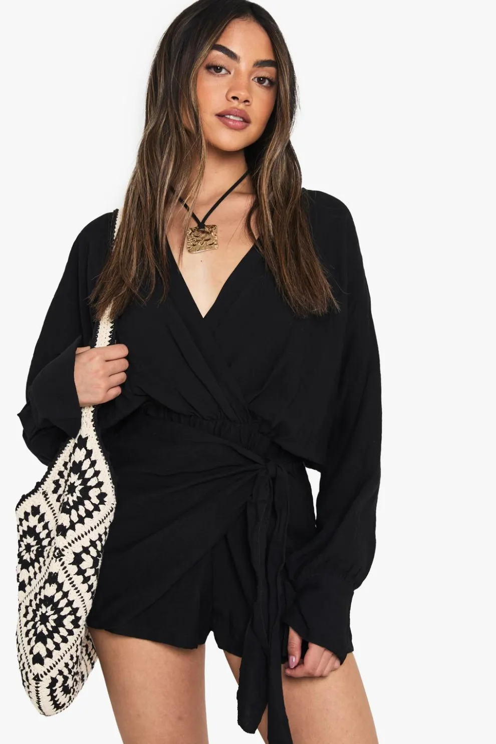 Linen Look Wrap Playsuit | Nasty Gal