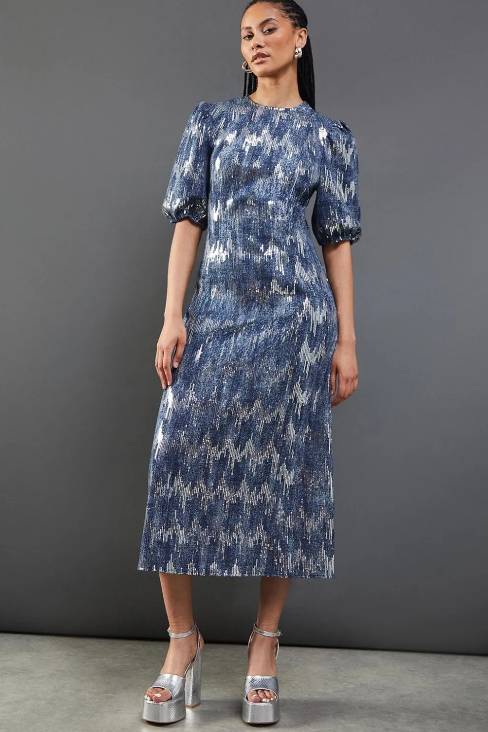 Premium Sequin Denim Fitted Puff Sleeve Midi Dress | Nasty Gal