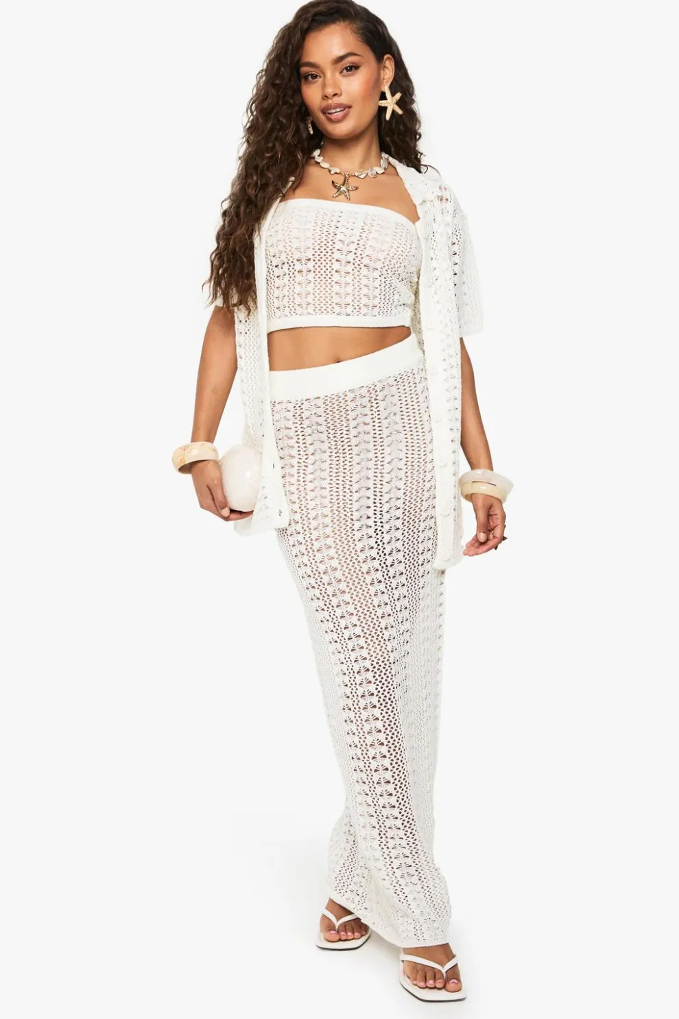 Crochet Oversized Shirt, Bandeau Top and Maxi Skirt Set | Nasty Gal