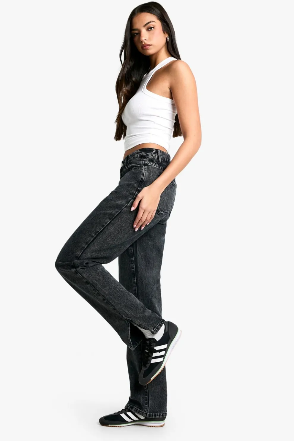 Boohoo Basics High Waisted Split Hem Straight Leg Jeans | Nasty Gal