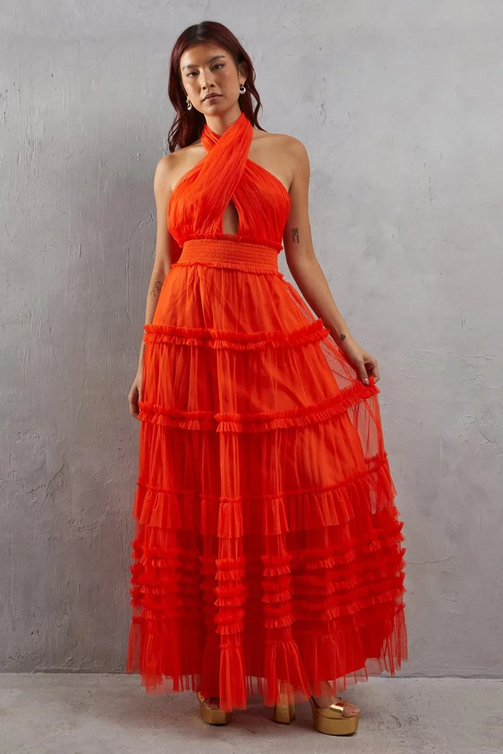 Tulle Halter Shirred Waist Tier Maxi Dress | Nasty Gal