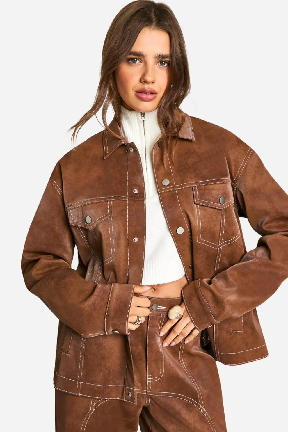 Contrast Trim Vintage Look Faux Leather Jacket | Nasty Gal
